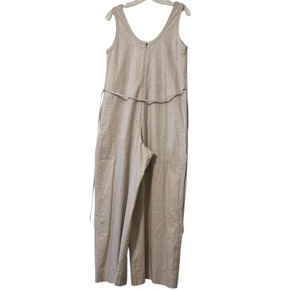 Banana Rep Women's Sleeveless, wide-leg jumpsuit oatmeal self-tie waist belt, Sm